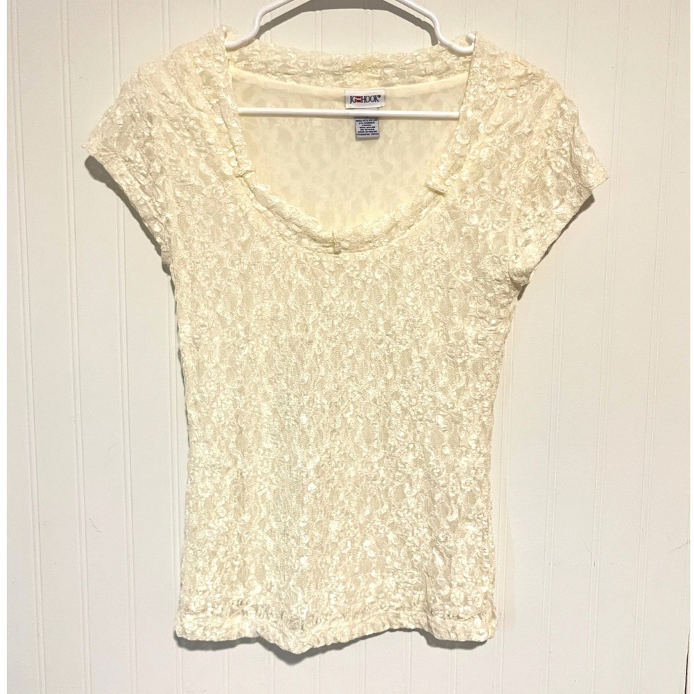 Vintage J.G. Hook Lace Top Women S Cream Scoop Neck Short Sleeve Floral